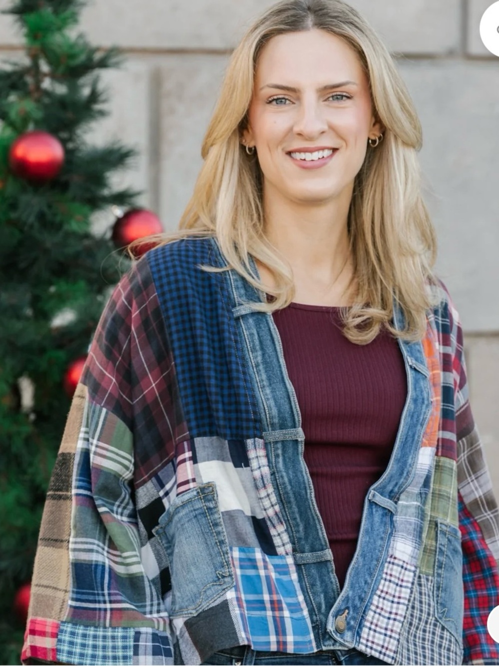 Patchwork Plaid Denim Jacket with Burgundy Top